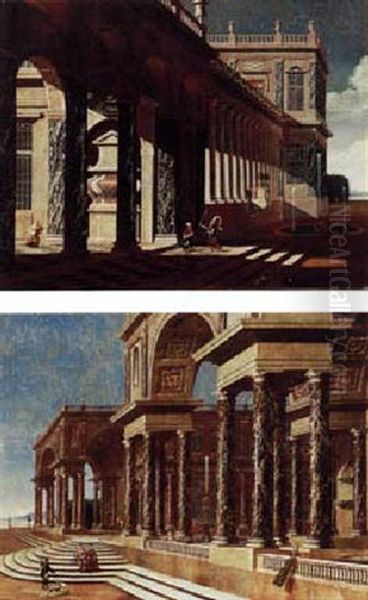 Capriccio View Of A Classical Palace With Turkish Figures And A Dog, A Fountain To The Right And Two Peacocks In Front - view 1