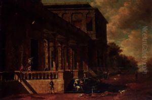 Elegant Figures On The Steps Of A Mansion, A Park Landscape Beyond