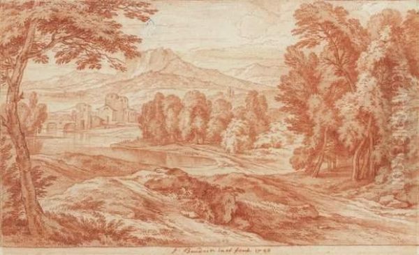 Paysage D'italie Avec Un Chateau Surplombant Un Lac - view 1