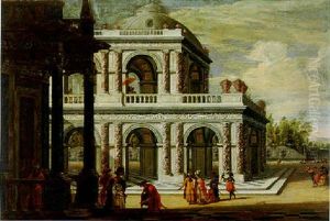 Elegant Figures In A Garden Before An Elaborate Loggia With Marble Columns (the Arrival Of The Queen Of Sheba At King Solomon's Court?)