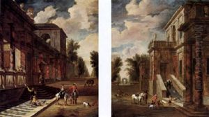 Capriccio View Of A Villa With Figures From A Hunting Party