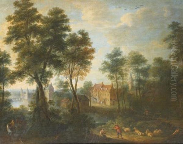 A Wooded River Landscape With Elegantly Dressed Figures On Horseback And A Shepherd And Sheperdess With Their Flock Near A Village - view 1