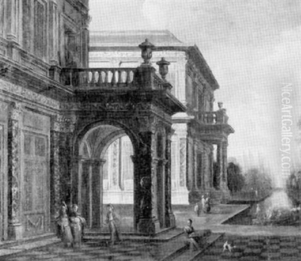 An Architectural Capriccio With Oriental Figures On A Palace Terrace And Others Boating On A Lake In A Formal Garden - view 1