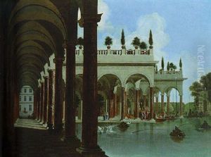 The Loggia Of A Moated Palace With Elegant Figures Boarding A Gondola
