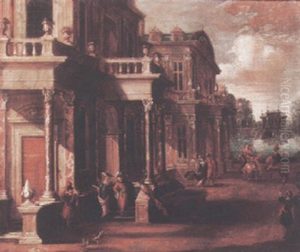 Grunds Of A Palace With Figures Promenading, An Ornamental Garden Beyond - view 1