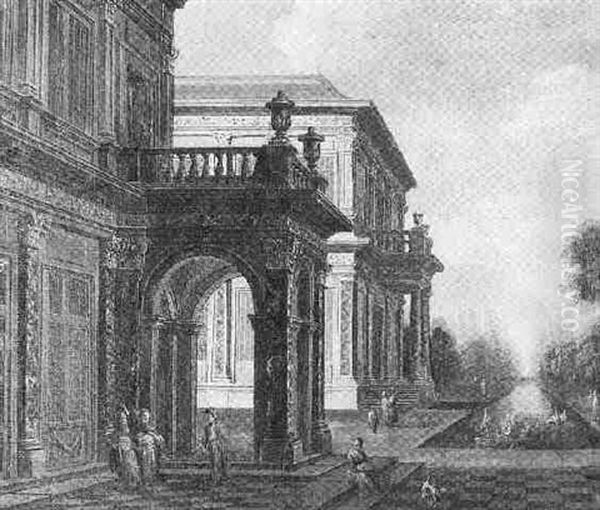 An Architectural Capriccio With Oriental Figures On A Palace Terrace And Others Boating On A Lake In A Garden - view 1