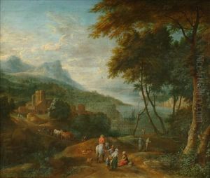 Boudewijns And Pieter Bout An Extensive River Landscape With Figures Around A Village With A Town In The Distance An Extensive Mountainous Landscape With Figures Before A Building A Pair by Adriaen Frans Boudewijns