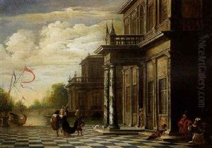 An Elegant Woman Escorted By Servants And A Moor, Departing From A Mansion To Embark On A Pleasure Yacht Moored Nearby by Jacob Ferdinand Saeys