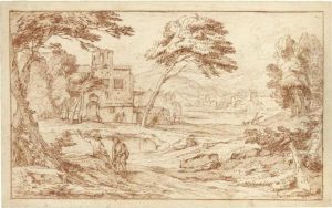 A Southern Landscape With Men In The Foreground And Other Figures Near A Building, Next To A Pond by Adriaen Frans Boudewijns