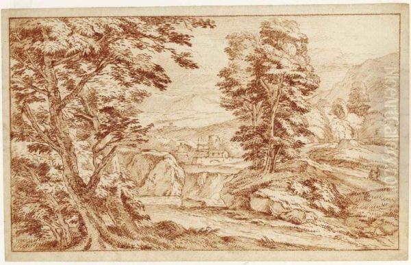 A Southern Mountainous Landscape With A Small Village And Figures To The Right Resting - view 1