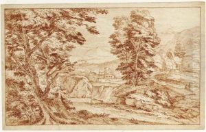 A Southern Mountainous Landscape With A Small Village And Figures To The Right Resting by Adriaen Frans Boudewijns
