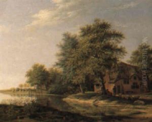 Sommardag Vid Kanal, Figurer Vid Gammalt Hus