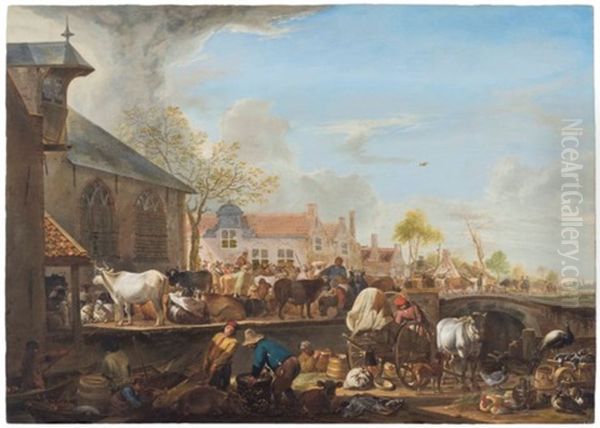 A Cattle Market By A Canal On The Outskirts Of A Town - view 1