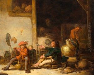 Interior Of A Stable With A Peasant Playing The Flute And One Drinking, With A Large Jug To The Right