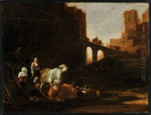 Rastende Hirten Mit Ziegen Und Rindern Nahe Einer Brucke Vor Den Toren Einer Stad by Cornelis Saftleven