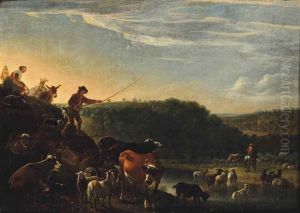 A Pastoral Landscape At Dusk With Herdsman And Cattle