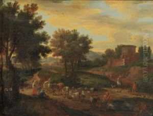 Shepherds Fording Cattle And Flock On A Sandy Track By A Ruinedcastle, In An Italianate Landscape