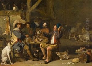 Interieur Mit Vier Mannern Um Einen Tisch Sitzend by Cornelis Saftleven