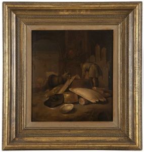 Figures And Farm Animals In A Barn Interior by Cornelis Saftleven