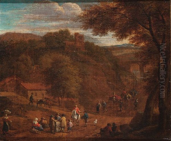 Hugelige Landschaft Mit Bauern Auf Dem Weg Zum Markt - view 1