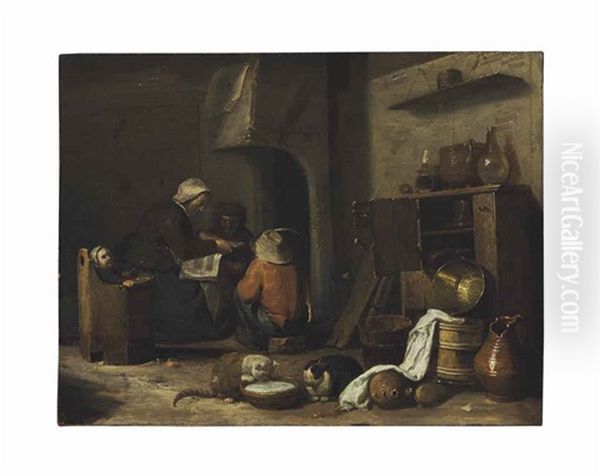 A Kitchen Interior With A Mother Reading To Children Gathered Around A Hearth - view 1