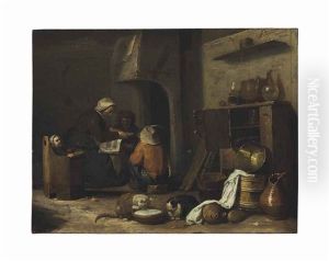 A Kitchen Interior With A Mother Reading To Children Gathered Around A Hearth by Cornelis Saftleven