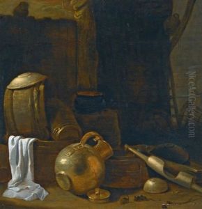 A Still Life With Pottery And Other Kitchen Utensils by Cornelis Saftleven
