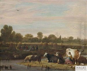 Landliches Idyll Mit Einer Melkenden Bauerin An Einem Bach, Im Mittelgrund Bauern Bei Einer Pause Wahrend Der Heuernte