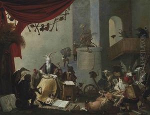 An Interior With A Goat Eating An Oyster, A Donkey At A School Desk, A Cat Playing Tric-trac And Other Mythical Creatures by Cornelis Saftleven