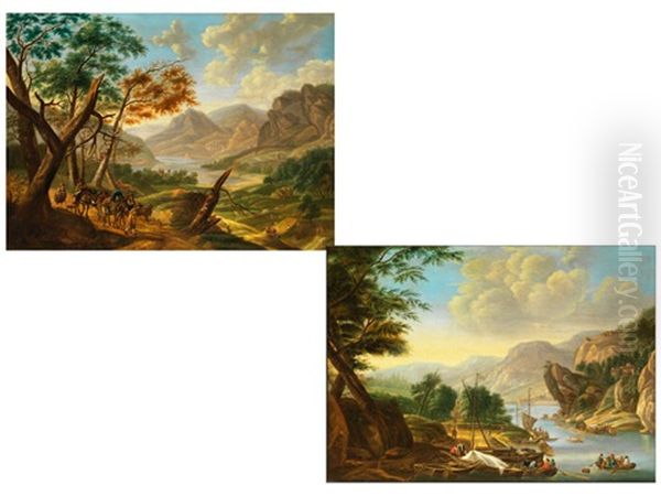 Blick Von Einer Gebirgigen Anhohe Ins Tal Mit Flusslauf (+ Flusslauf Mit Kahnen In Felsiger Gegend; Pair) - view 1
