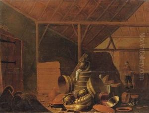 A Barn Interior With Vegetables And Kitchen Utensils, A Peasant Carrying A Basket Beyond by Cornelis Saftleven