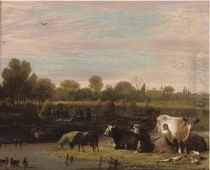 A Milkmaid By A Stream With Sheep Grazing, With Haymakers In A Field, A Church Beyond A Milkmaid By A Stream With Sheep Grazing, With Haymakers In A Field, A Church Beyond