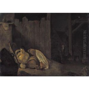 A Barn Interior With A Still Life Of A Milk Jug, Barrel And An Assortment Of Pots, With Three Goats In The Background A Barn Interior With A Still Life Of A Milk Jug, Barrel And An Assortment Of Pots, With Three Goats In The Background