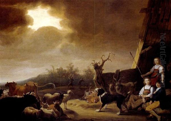 Hirten Mit Einem Hund Und Herde Vor Einem Bauernhaus In Einer Hollandischen Landschaft - view 1