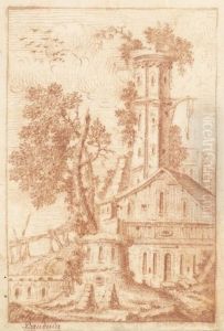 Altes Gebaudeensemble Mit Turm. by Adriaen Frans Boudewijns