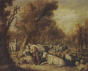 A Pastoral Landscape With An Amourous Couple And Their Flock Of Cows, Sheep And Goats