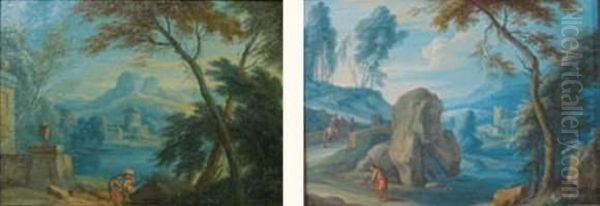 Paysage Au Cours D'eau Avec Mendiant Et Paysage Au Lac Avec Architecture - view 1