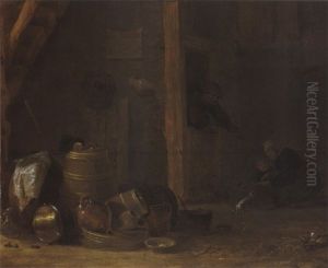 A Barn Interior With A Still Life With Kitchen Utensils In The Foreground, Together With A Woman And A Child by Cornelis Saftleven