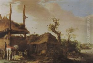 A Farmstead Near A Stream, With A Horse, A Goat, A Sheep And Pigs Near A Haystack, With A Peasant Looking Out Through His Doorway