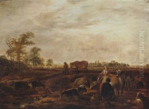 A Landscape With A Milkmaid And Man Milking A Cow Near Farm Buildings, A Man Leading A Horse On A Track Nearby, A Church In The Distance by Cornelis Saftleven