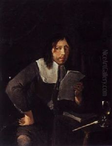 Man Seated At A Desk Reading A Note In An Interior Man Seated At A Desk Reading A Note In An Interior