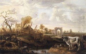 Herdsmen With Pigs, A Cow And Fowl In A Landscape With Farm Buildings And Ruins Beyond