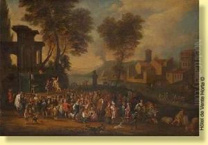 Commedia Del Arte Sur Fond De Paysage by Adriaen Frans Boudewijns