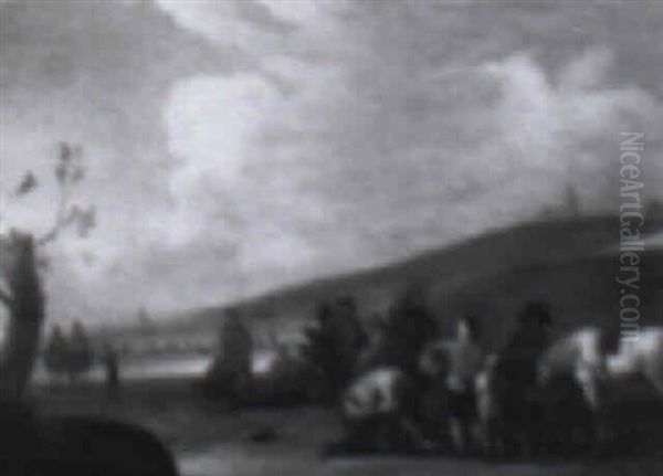 Figures By The Shore With A Hilltop Village In The Distance - view 1