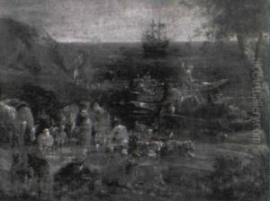 Uferlandschaft Mit Personen Beim Entladen Eines Schiffes by Cornelis Saftleven