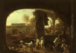Huntsman Feeding His Dogs Under A Portico With A Farmyard Beyond