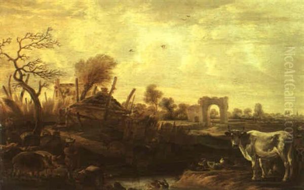 Herdsmen With Pigs, A Cow And Fowl In A Landscape With Ruins - view 1