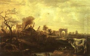 Herdsmen With Pigs, A Cow And Fowl In A Landscape With Ruins