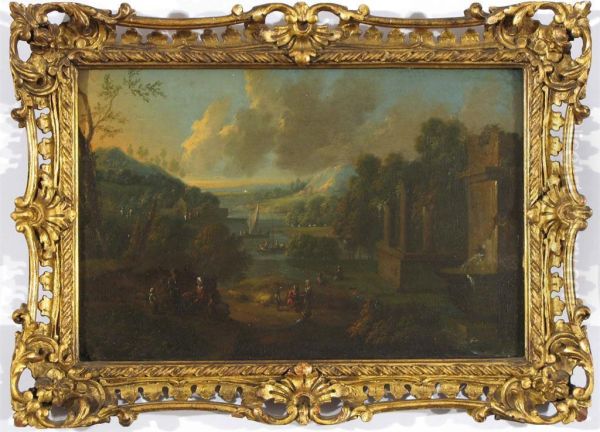 Classical Landscapes With Figures And Boats On A Lake Beyond - view 1