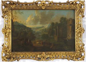 Classical Landscapes With Figures And Boats On A Lake Beyond by Adriaen Frans Boudewijns